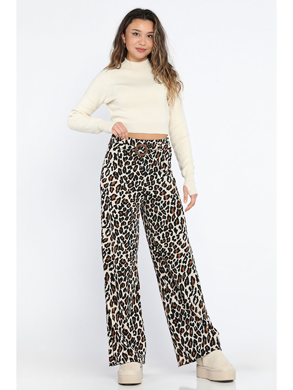 Kahverengi Leopar Desenli Kadın Pantolon