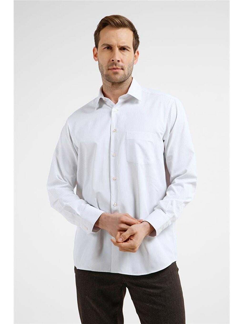 Beyaz - Bej Çizgili Desen Sert Yaka Uzun Kol Cepli Comfort Fit Pamuklu Gömlek 1004255275-2