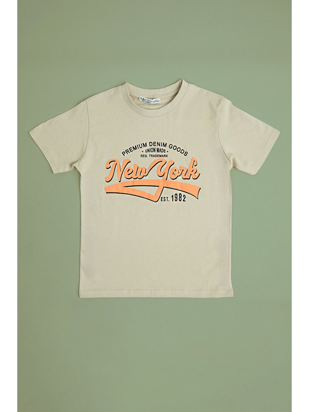 Bej New York Baskılı Bisiklet Yaka Erkek Çocuk Tişört