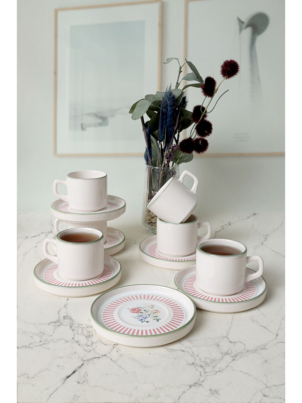 Karışık Rose Line Stackable Çay Takımı 12 Parça 6 Kişilik-2