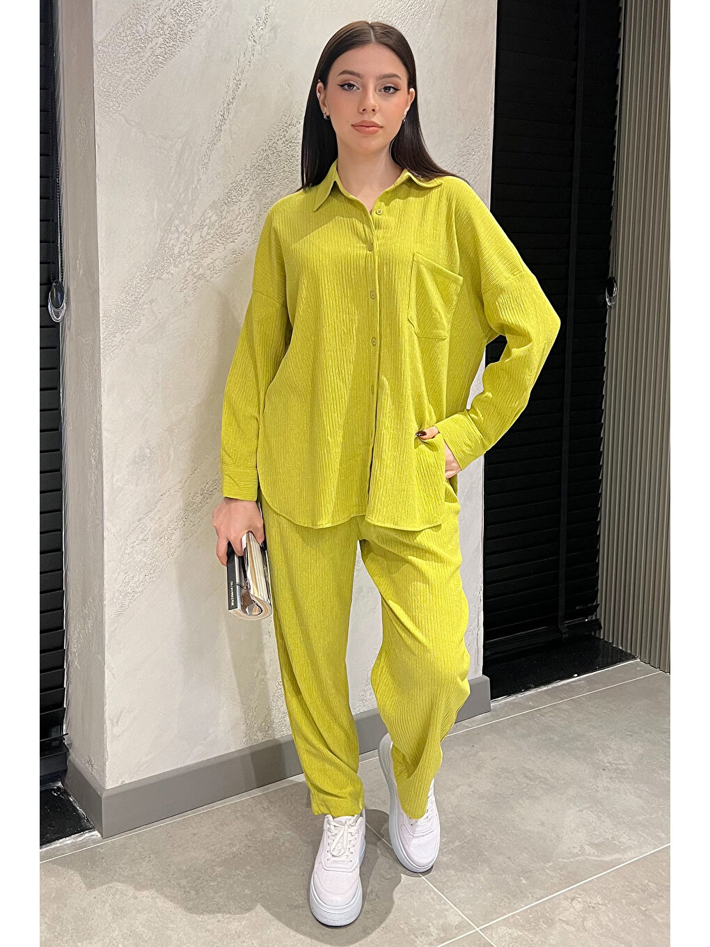 Yeşil Kadın Gömlek Pantolon Bürümcük İkili Takım-1