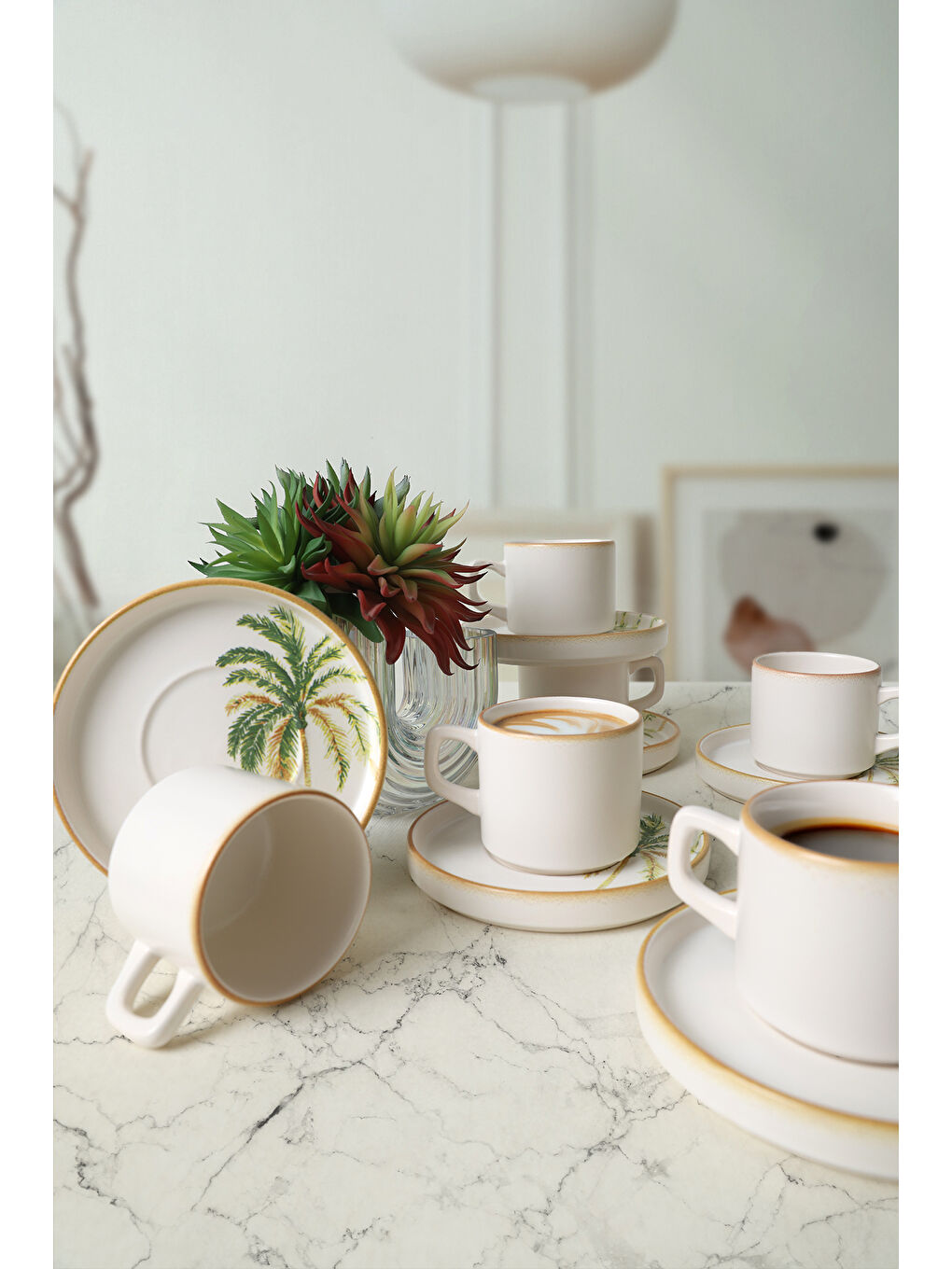 Karışık Bronze Palmiye Stackable Çay Takımı 12 Parça 6 Kişilik-1