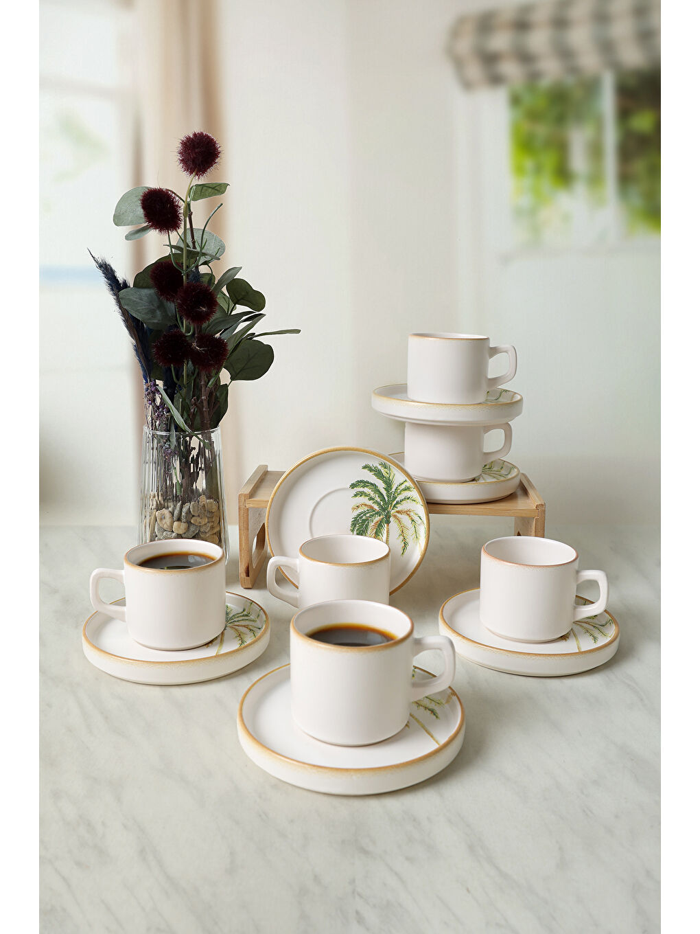 Karışık Bronze Palmiye Stackable Çay Takımı 12 Parça 6 Kişilik-2