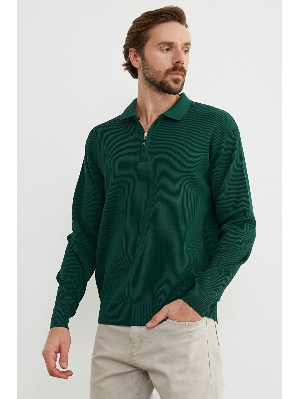 Yeşil Fitilli Yarım Fermuarlı Triko Kazak-1