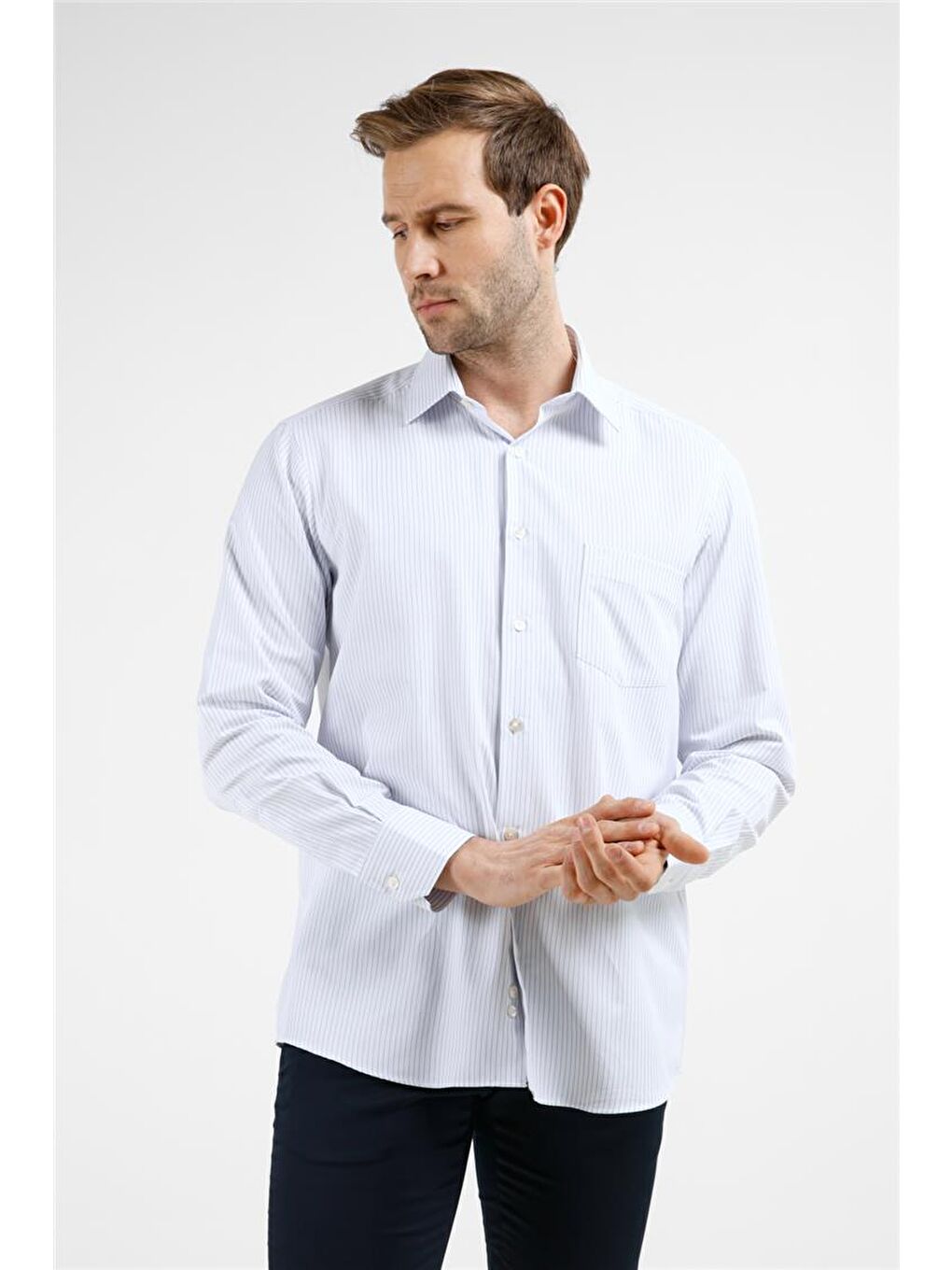 Beyaz-Mavi Çizgili Desen Sert Yaka Uzun Kol Cepli Comfort Fit Pamuklu Gömlek 1004255275-2