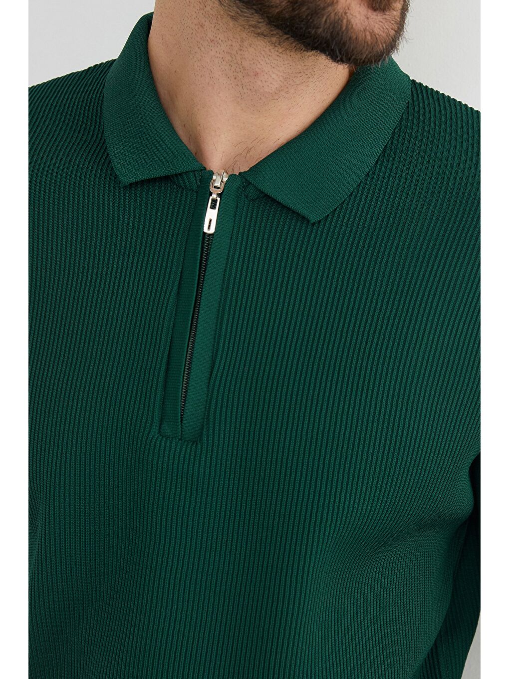 Yeşil Fitilli Yarım Fermuarlı Triko Kazak-3