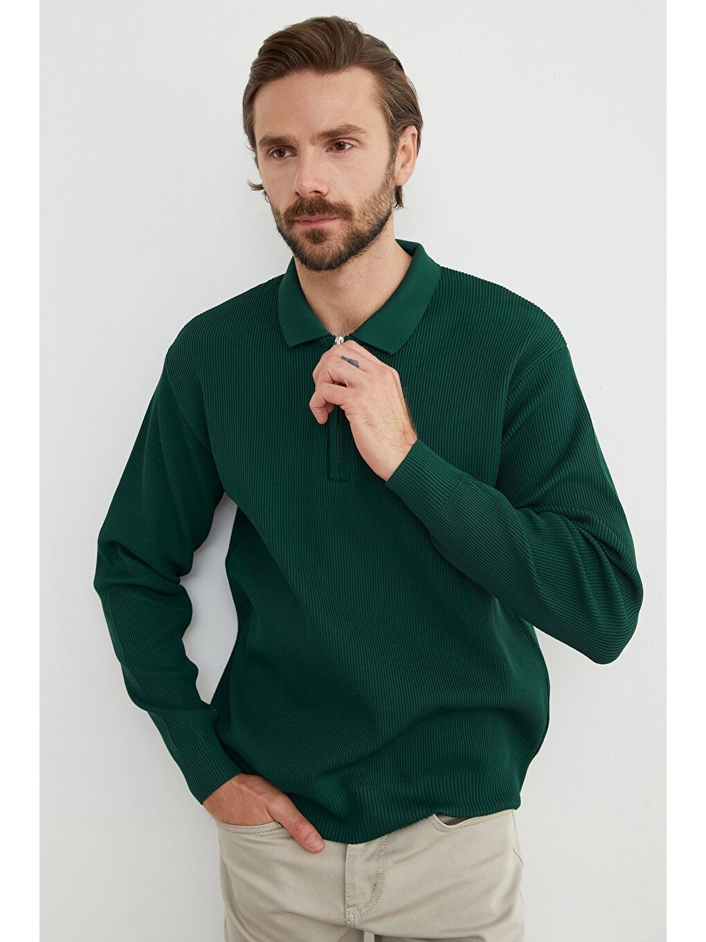 Yeşil Fitilli Yarım Fermuarlı Triko Kazak-4