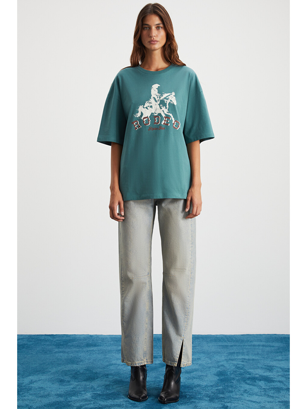 Yeşil MAJER Kadın %100 Organik Pamuklu Western Tema Baskılı Regular Fit YEŞİL T-Shirt-1