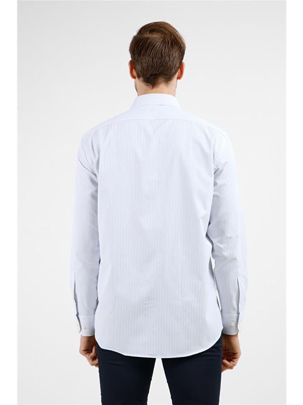 Beyaz-Mavi Çizgili Desen Sert Yaka Uzun Kol Cepli Comfort Fit Pamuklu Gömlek 1004255275-4