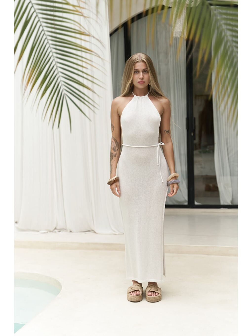 Nessi Dekolteli Ekru İnce Triko Elbise-1