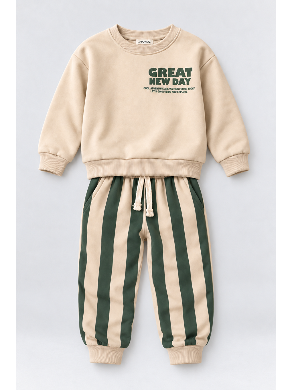 Yeşil Erkek Çocuk Great New Day Baskılı Sweatshirt Ve Çizgili Eşofman Altı 2’li Takım Ak124-1