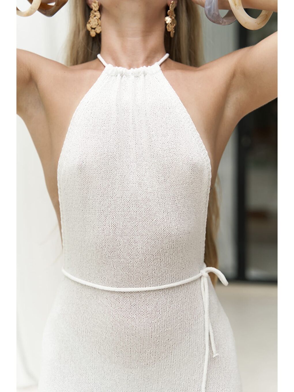 Nessi Dekolteli Ekru İnce Triko Elbise-4