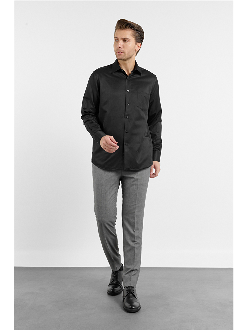 Siyah Kendinden Desenli Sert Yaka Uzun Kol Cepli Comfort Fit Pamuklu Gömlek 1004255269-1