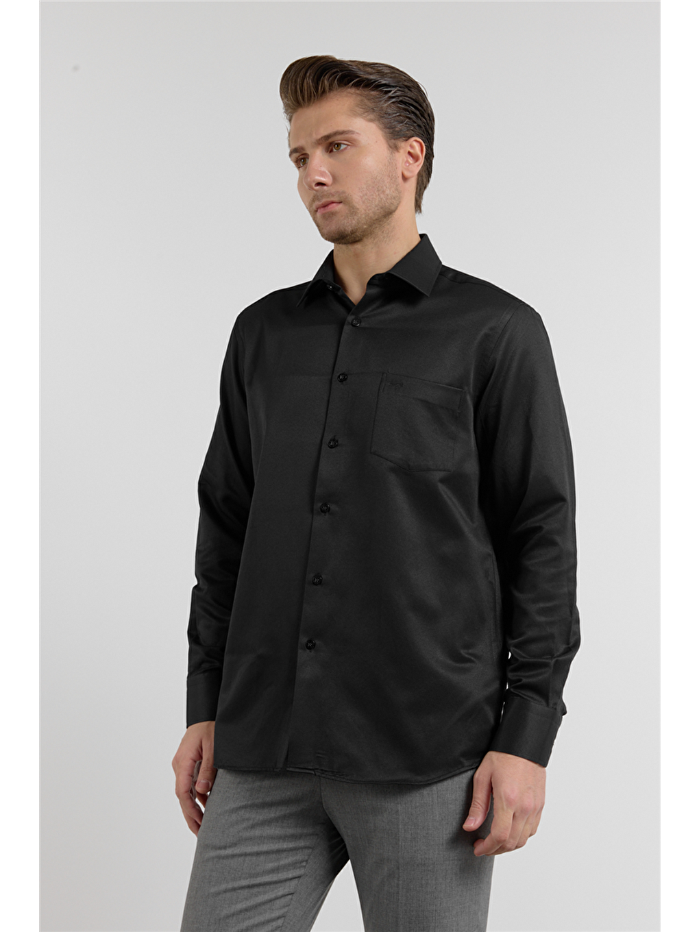 Siyah Kendinden Desenli Sert Yaka Uzun Kol Cepli Comfort Fit Pamuklu Gömlek 1004255269-2