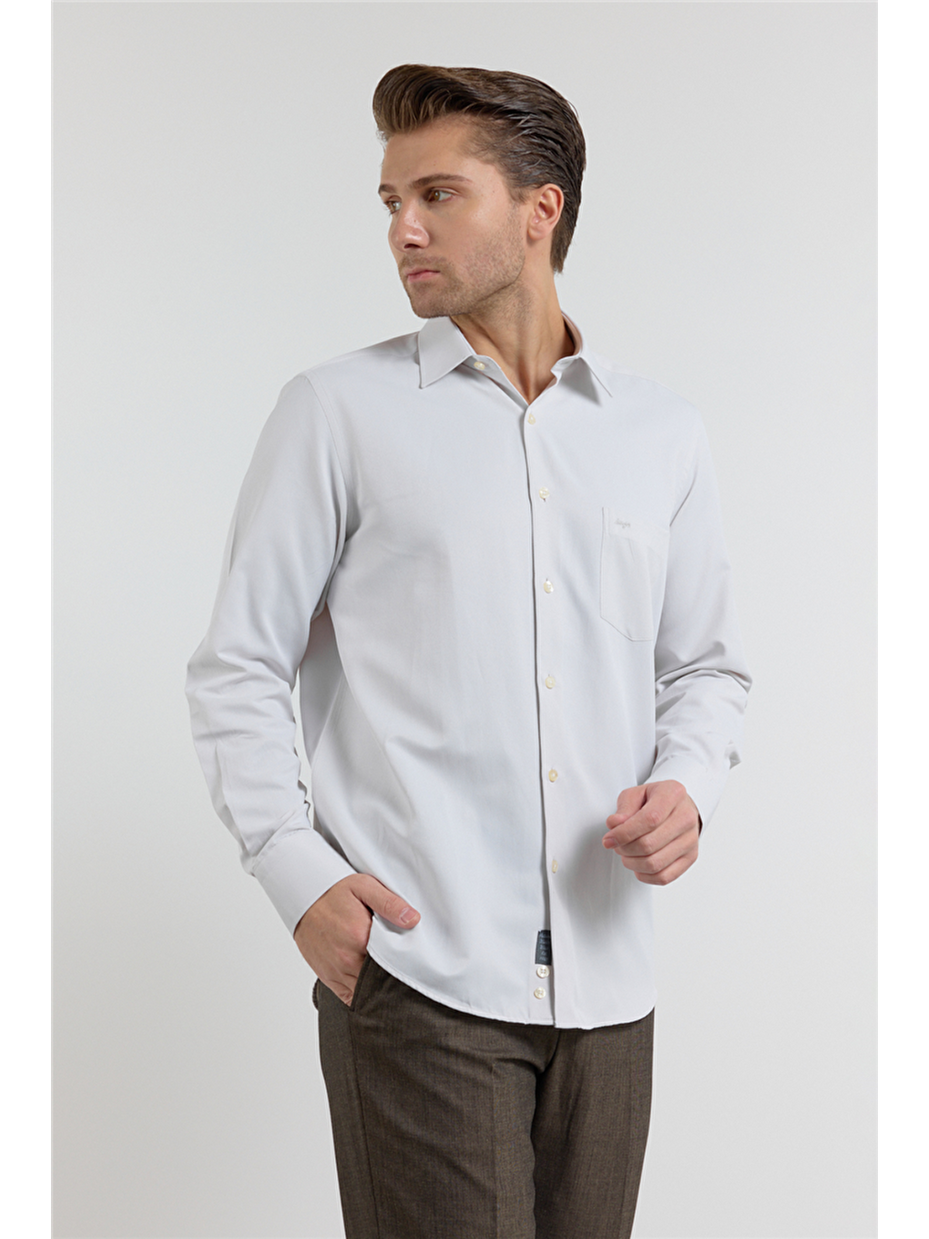 Koyu Bej Kendinden Desenli Sert Yaka Uzun Kol Cepli Comfort Fit Pamuklu Gömlek 1004255269-2