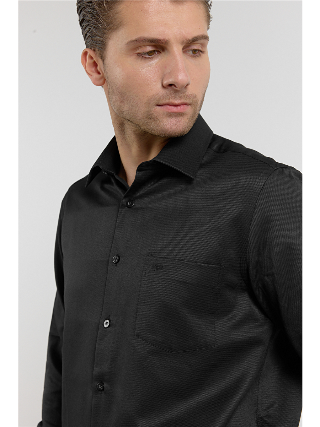 Siyah Kendinden Desenli Sert Yaka Uzun Kol Cepli Comfort Fit Pamuklu Gömlek 1004255269-3