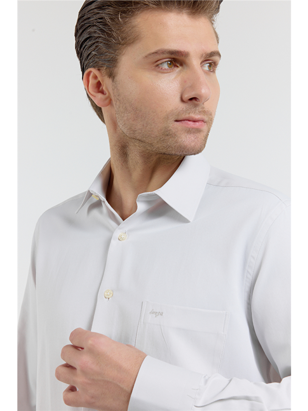 Koyu Bej Kendinden Desenli Sert Yaka Uzun Kol Cepli Comfort Fit Pamuklu Gömlek 1004255269-3