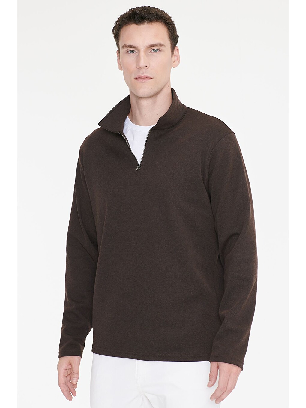 Erkek Kahverengi Pamuklu Standart Fit Normal Kesim Polo Yaka Sweatshirt