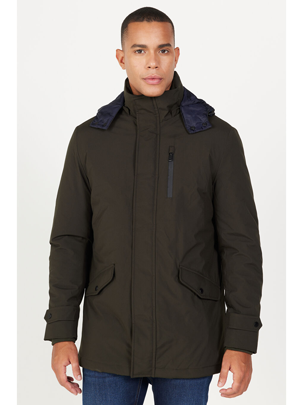 Erkek Haki Standart Fit Normal Kesim Kapüşonlu Soğuk Geçirmez Kışlık Kaban-1