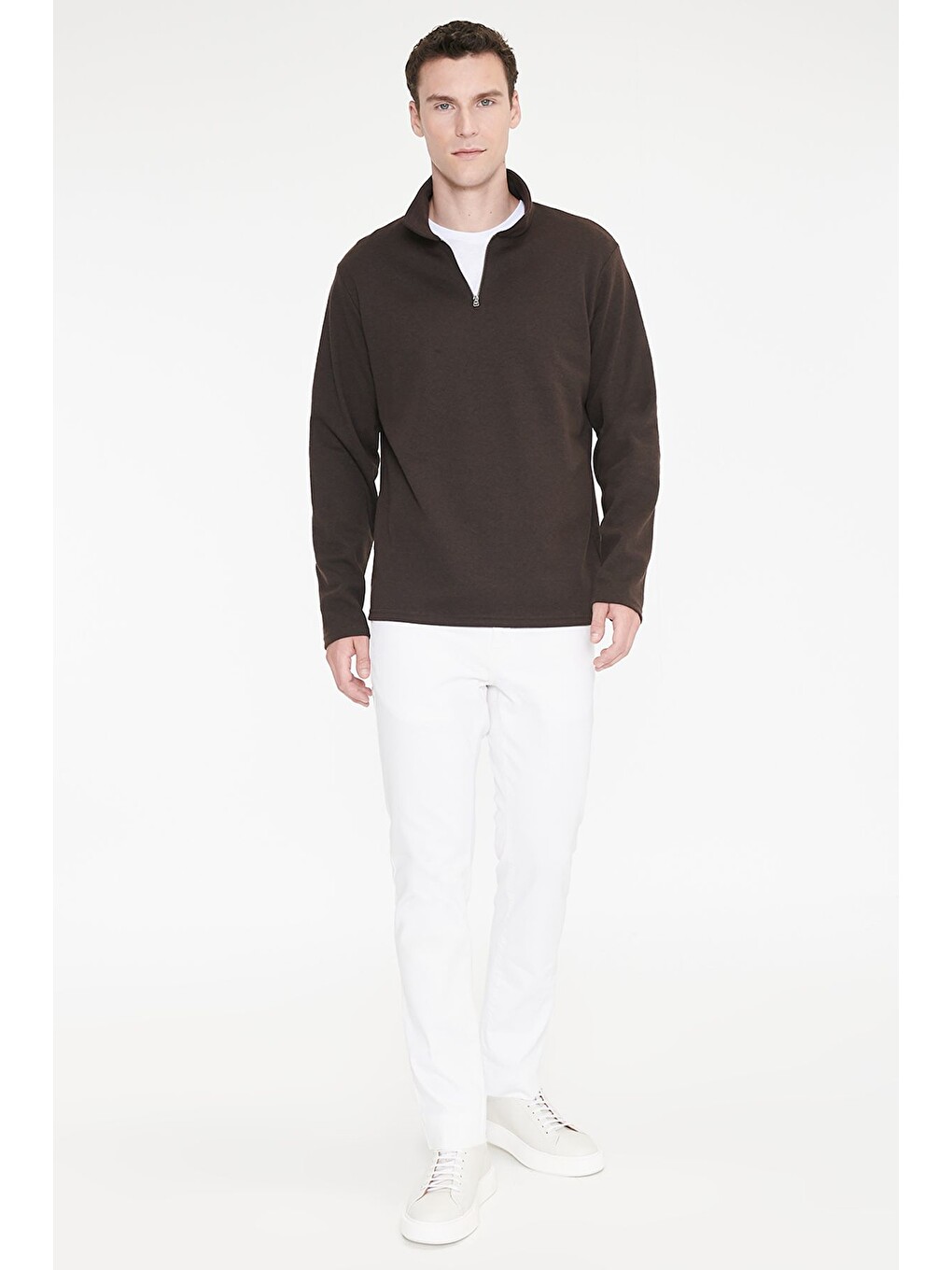 Erkek Kahverengi Pamuklu Standart Fit Normal Kesim Polo Yaka Sweatshirt-1