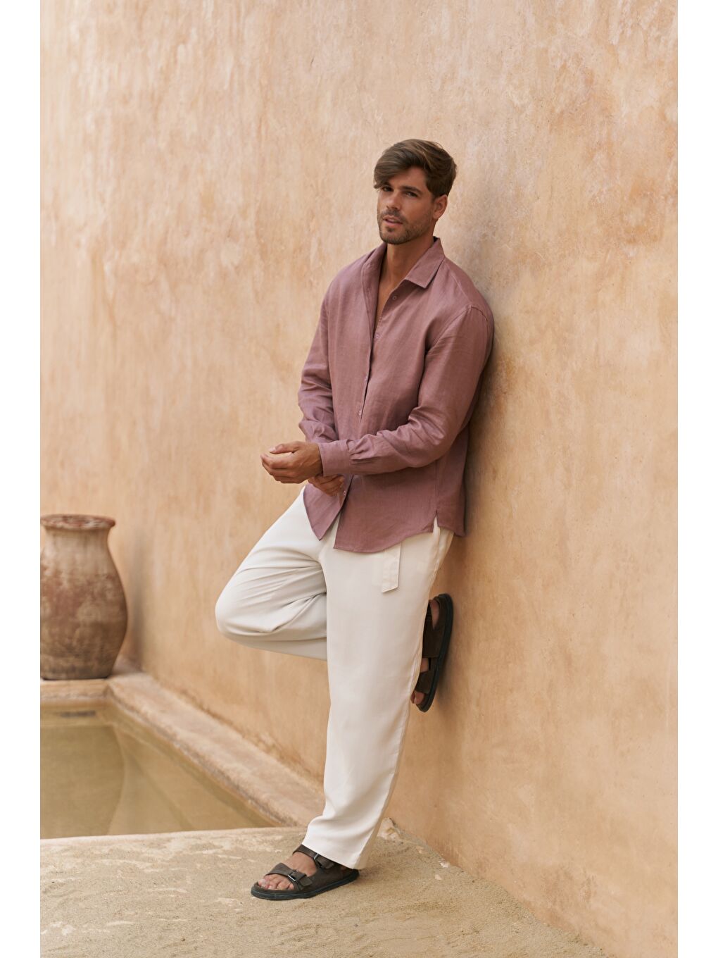 Ottavia Açık Bordo Keten Oversize Erkek Gömlek-4