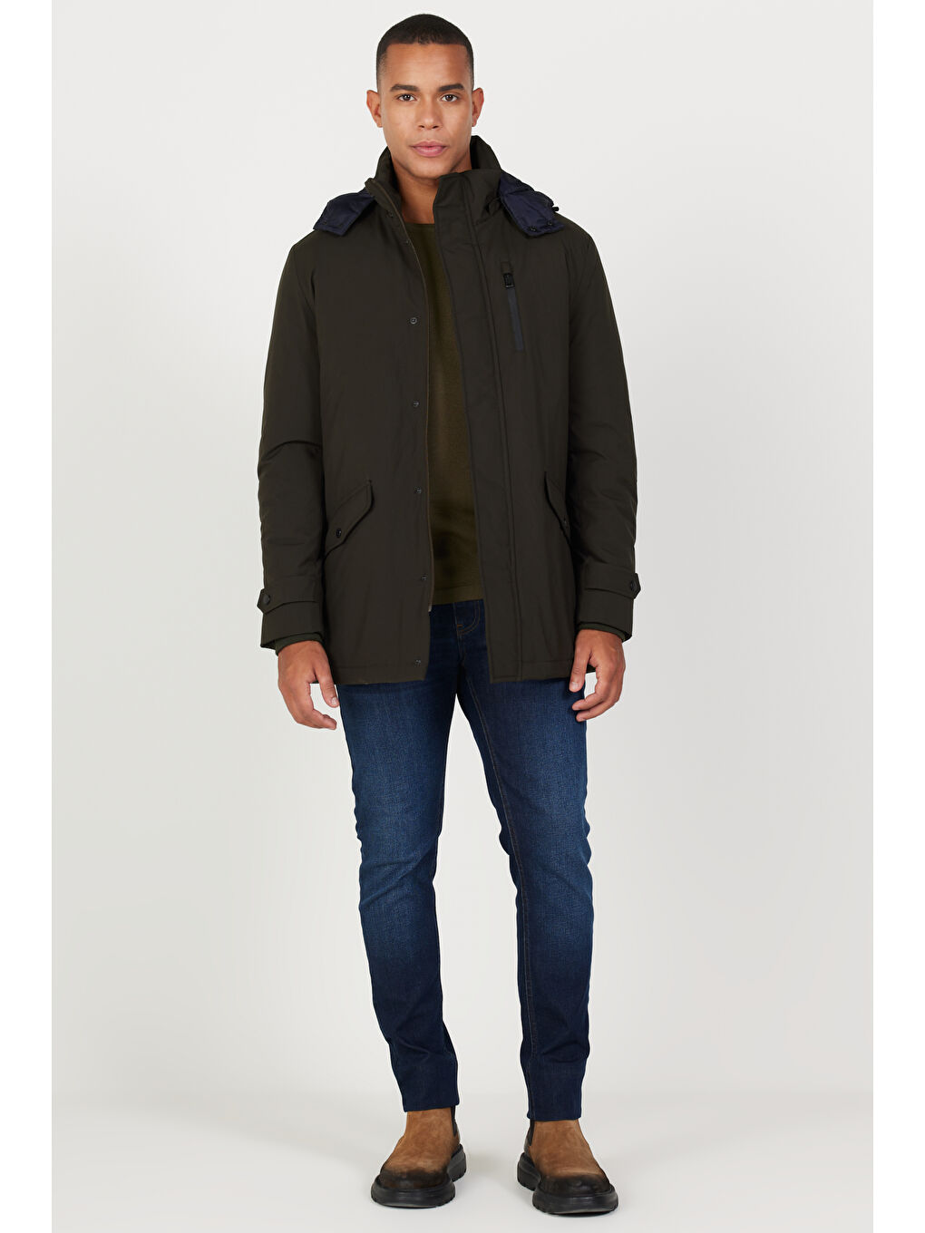 Erkek Haki Standart Fit Normal Kesim Kapüşonlu Soğuk Geçirmez Kışlık Kaban-2