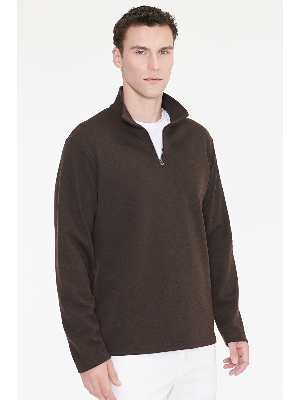 Erkek Kahverengi Pamuklu Standart Fit Normal Kesim Polo Yaka Sweatshirt-2