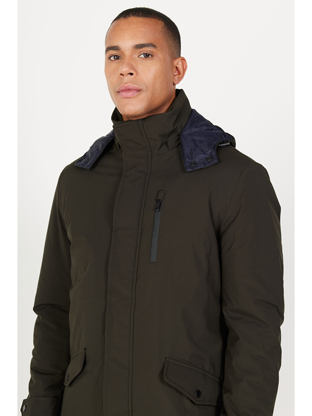 Erkek Haki Standart Fit Normal Kesim Kapüşonlu Soğuk Geçirmez Kışlık Kaban-3