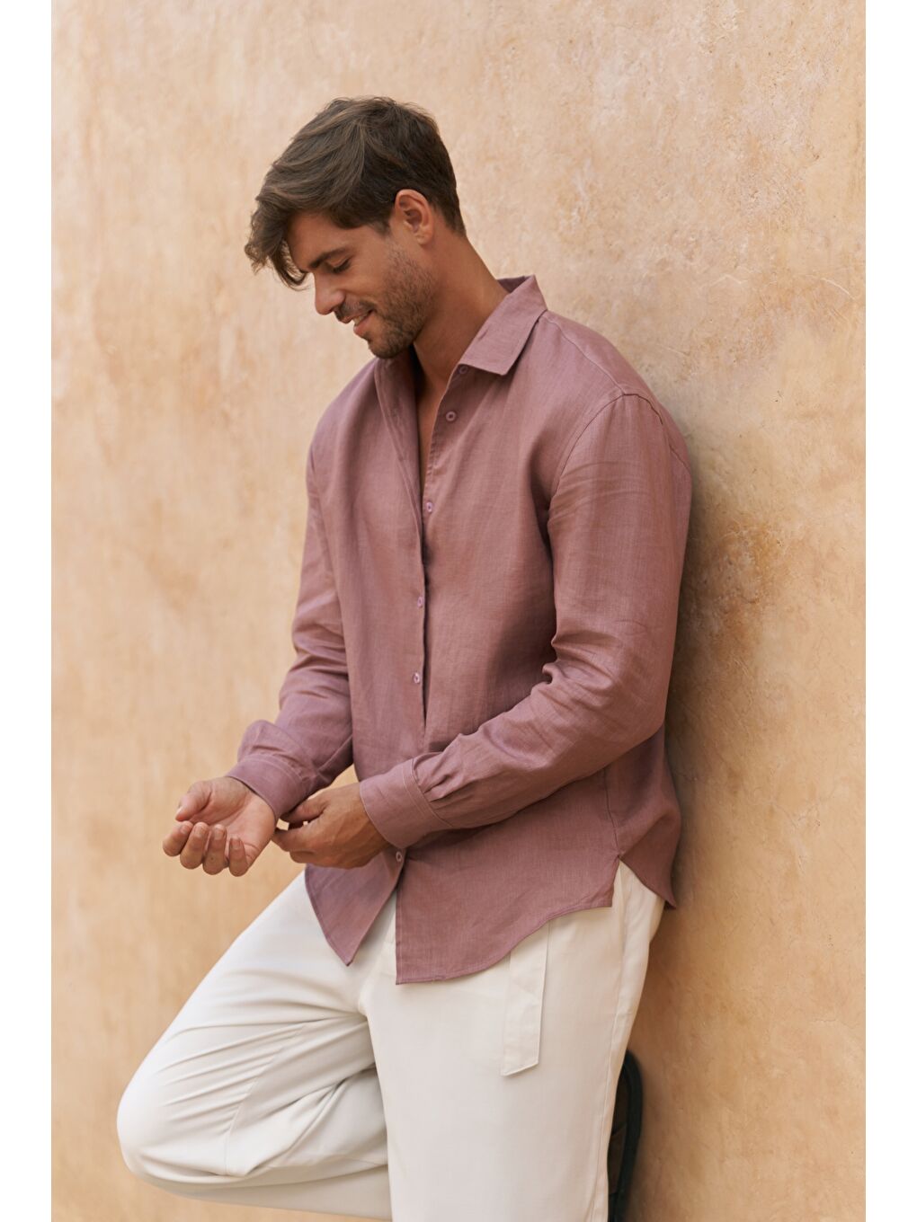 Ottavia Açık Bordo Keten Oversize Erkek Gömlek-5