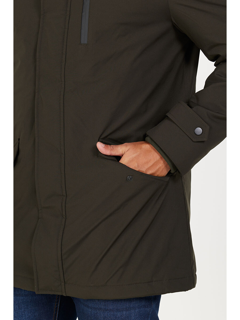 Erkek Haki Standart Fit Normal Kesim Kapüşonlu Soğuk Geçirmez Kışlık Kaban-4