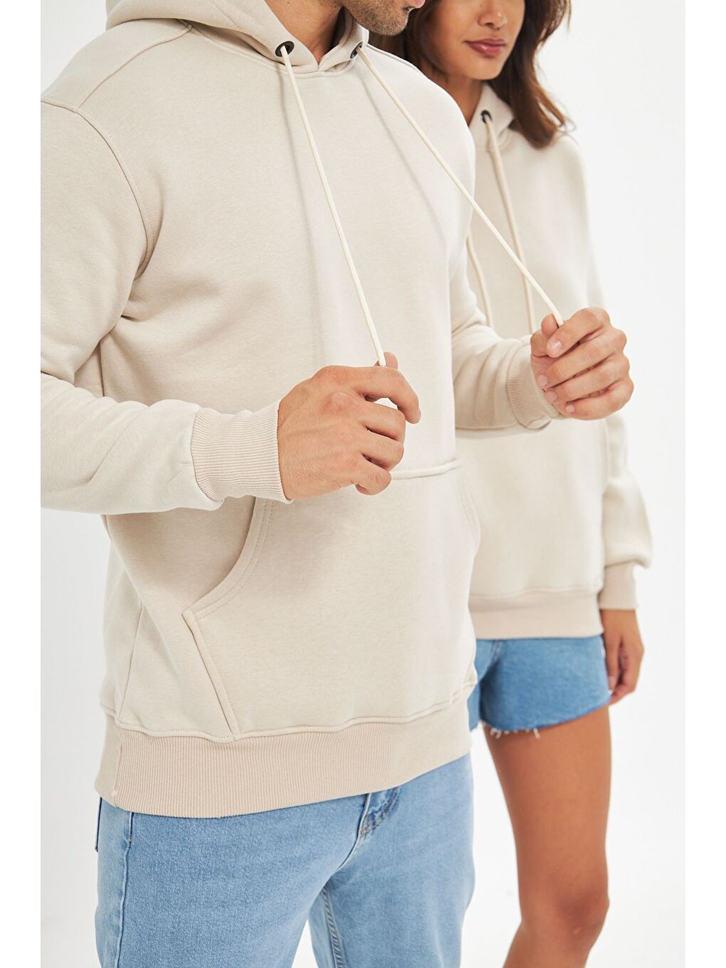 Ekru Unisex Oversize Kanguru Cepli Sweatshirt-1