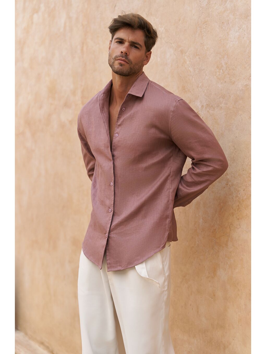 Ottavia Açık Bordo Keten Oversize Erkek Gömlek-6