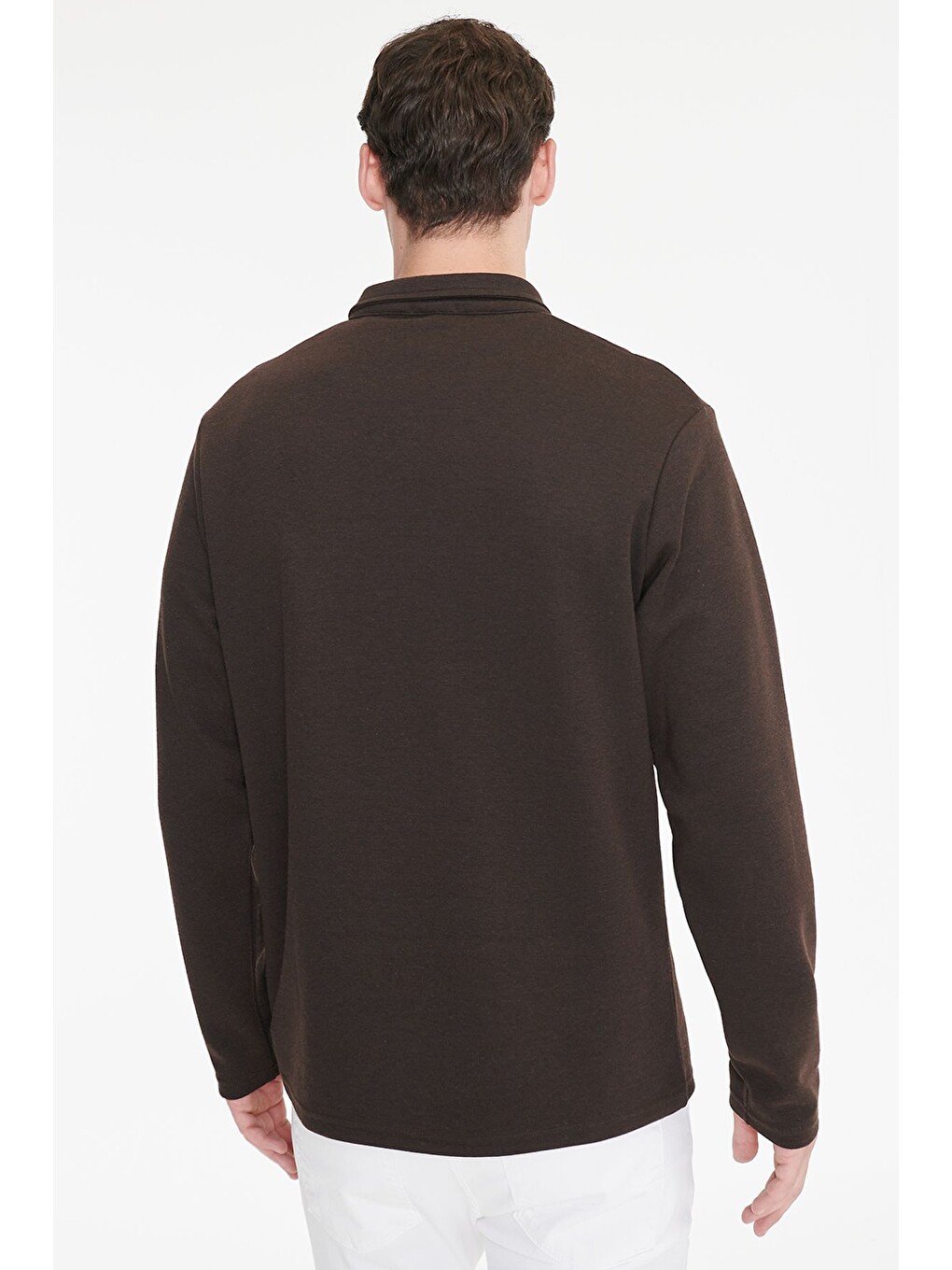 Erkek Kahverengi Pamuklu Standart Fit Normal Kesim Polo Yaka Sweatshirt-4