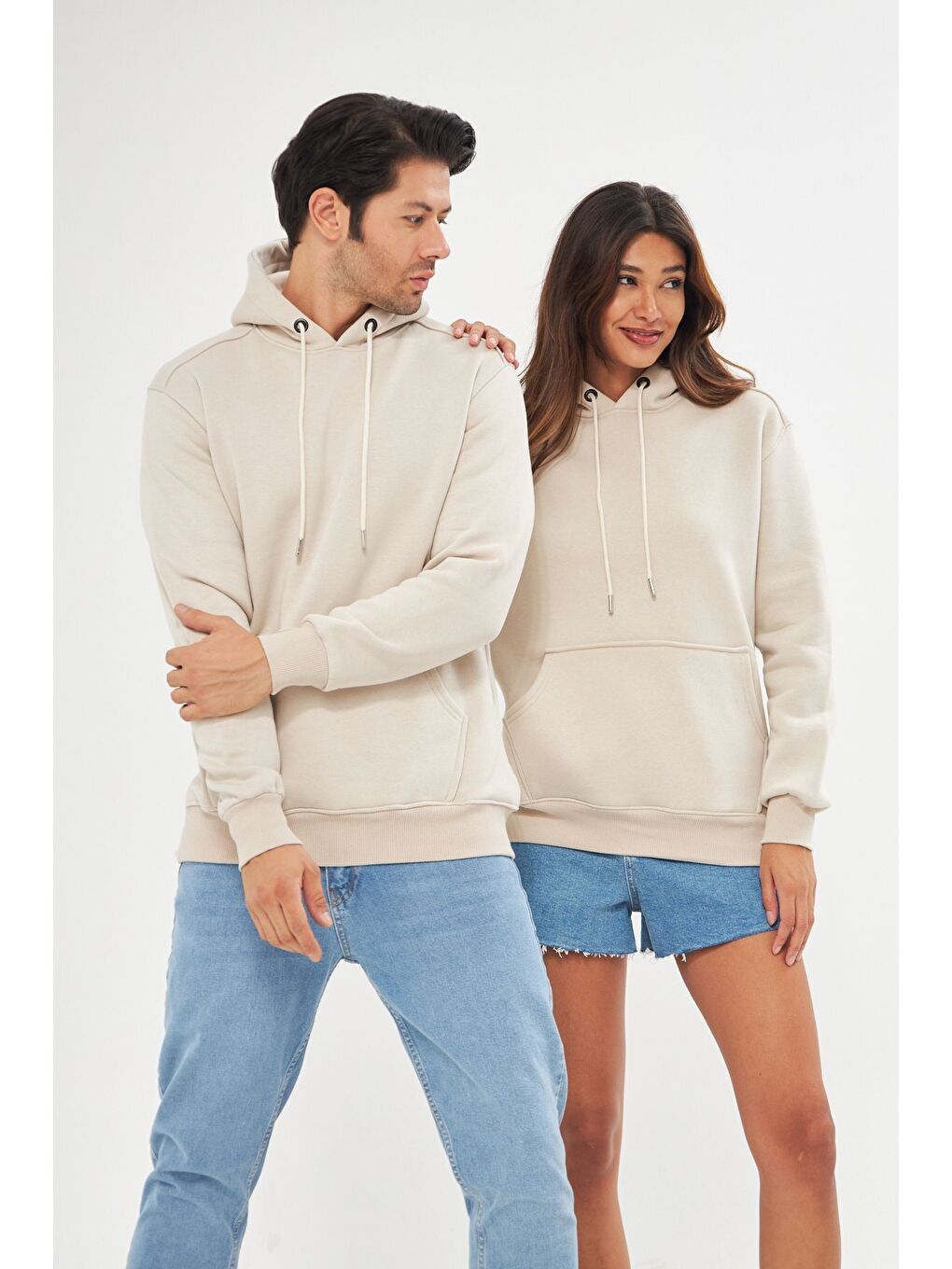 Ekru Unisex Oversize Kanguru Cepli Sweatshirt-2