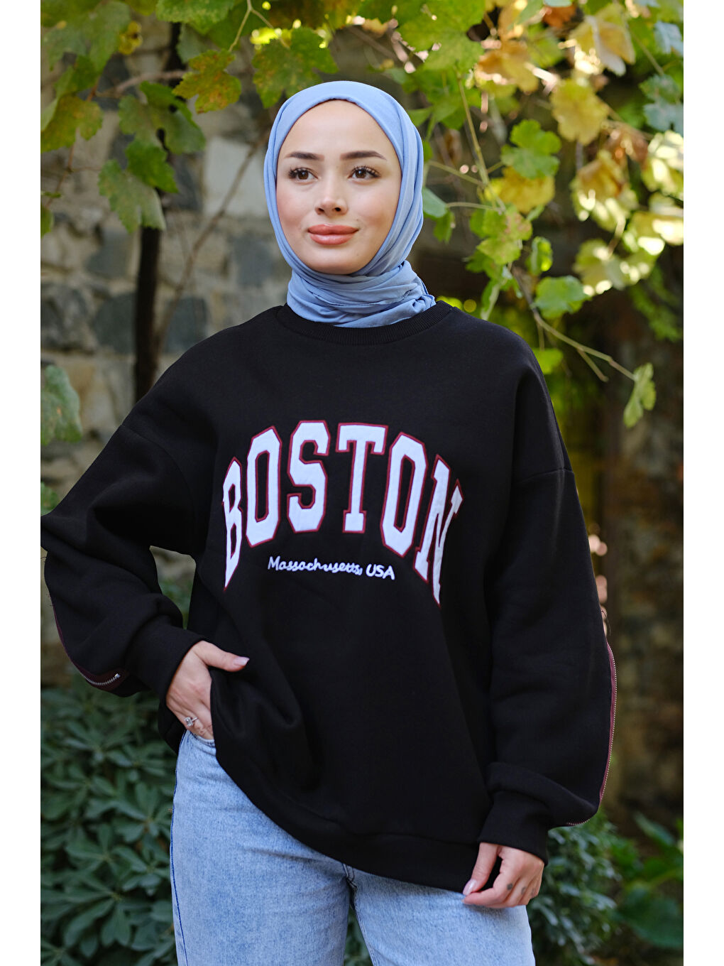 Locco Moda Fermuar Detaylı Boston Nakışlı Sweat Siyah