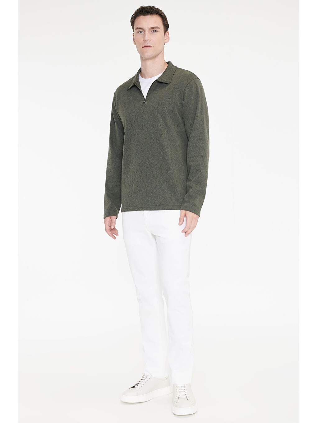 Erkek Haki Pamuklu Standart Fit Normal Kesim Polo Yaka Sweatshirt-1