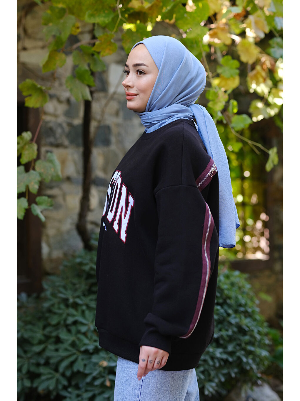 Locco Moda Fermuar Detaylı Boston Nakışlı Sweat Siyah - 1