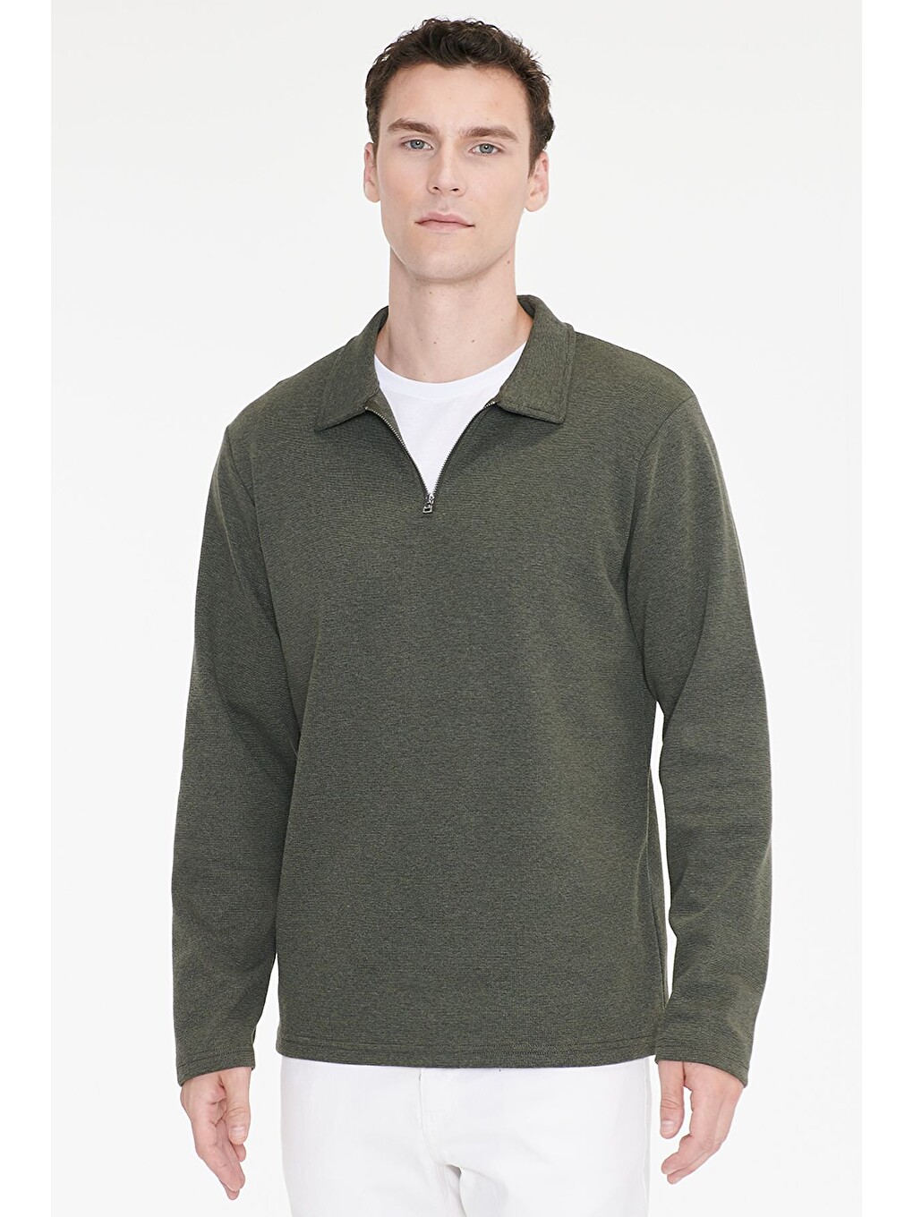 Erkek Haki Pamuklu Standart Fit Normal Kesim Polo Yaka Sweatshirt-2