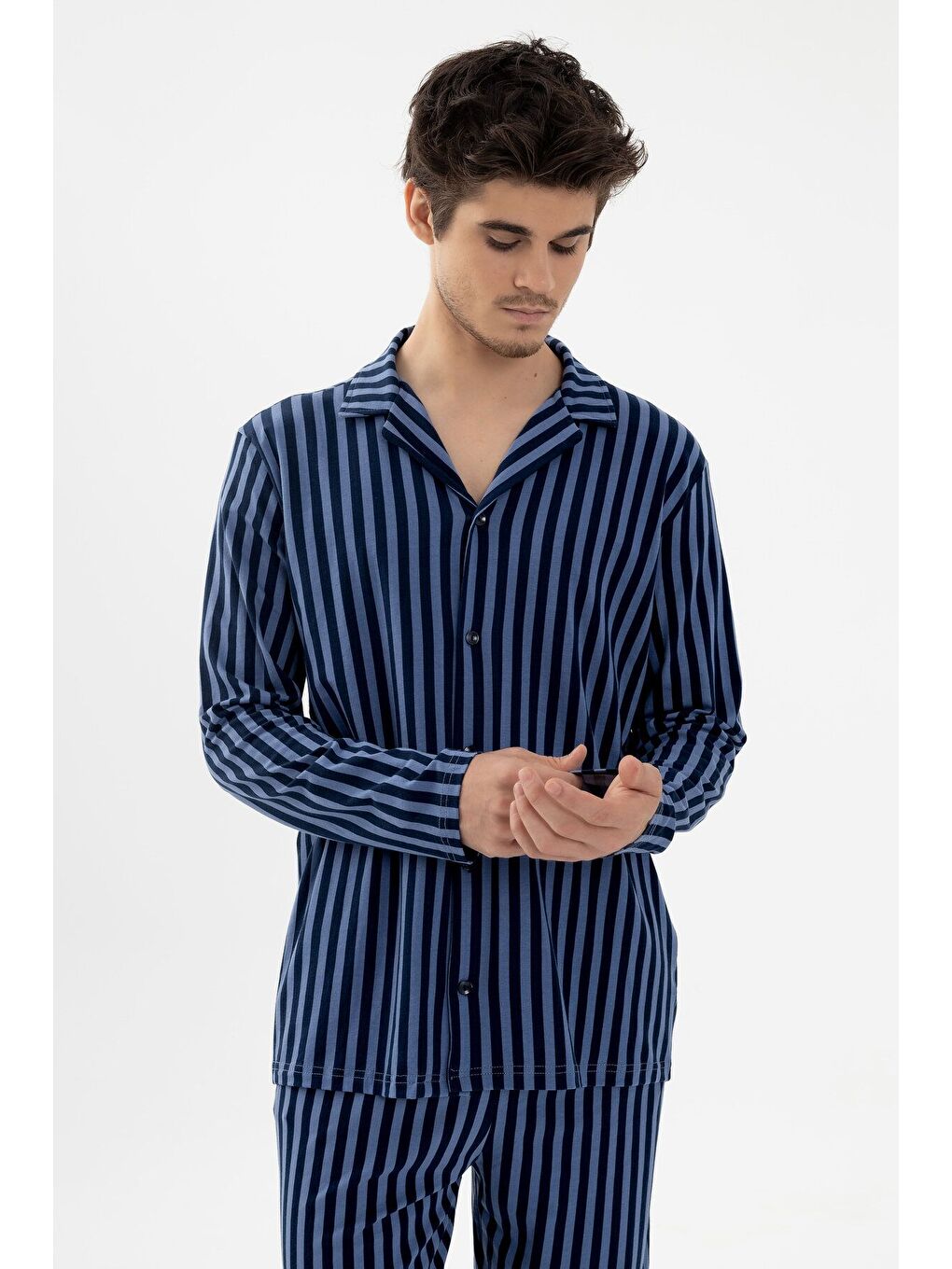 Erkek Mavi Çizgili Pamuklu Kombinli Gömlek Yaka Pijama Takımı
