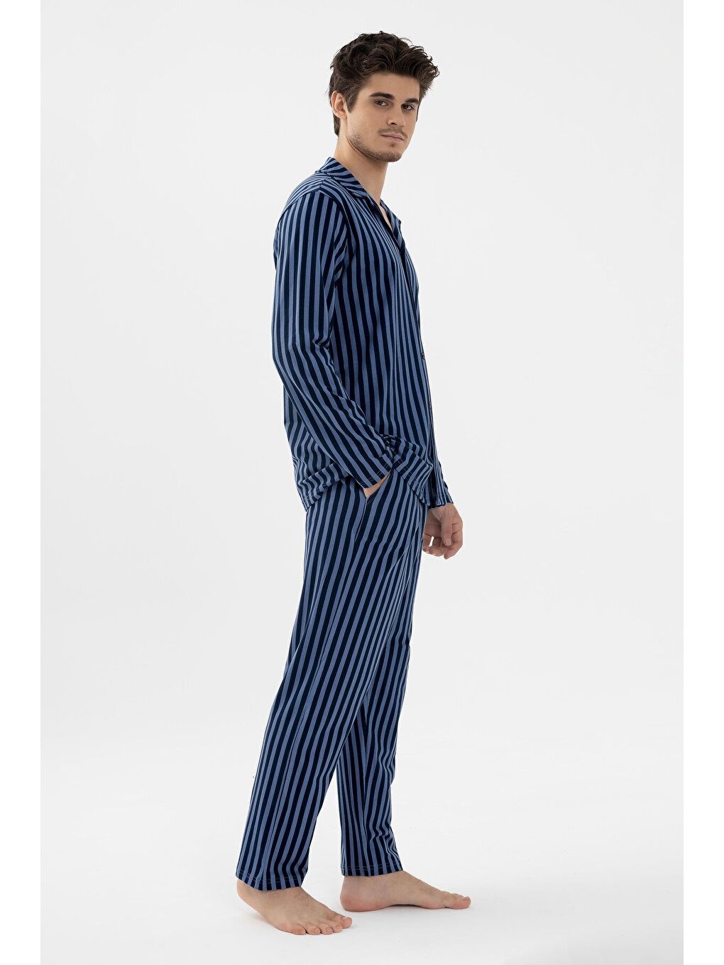 Erkek Mavi Çizgili Pamuklu Kombinli Gömlek Yaka Pijama Takımı-1