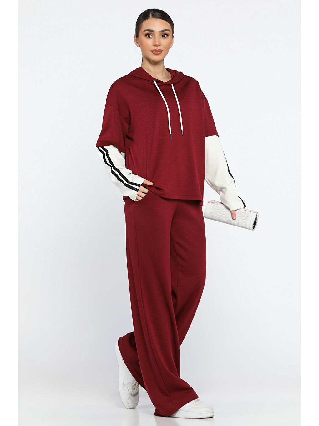 Bordo Kadın Kapüşonlu Renk Garnili Eşofman Takımı-1