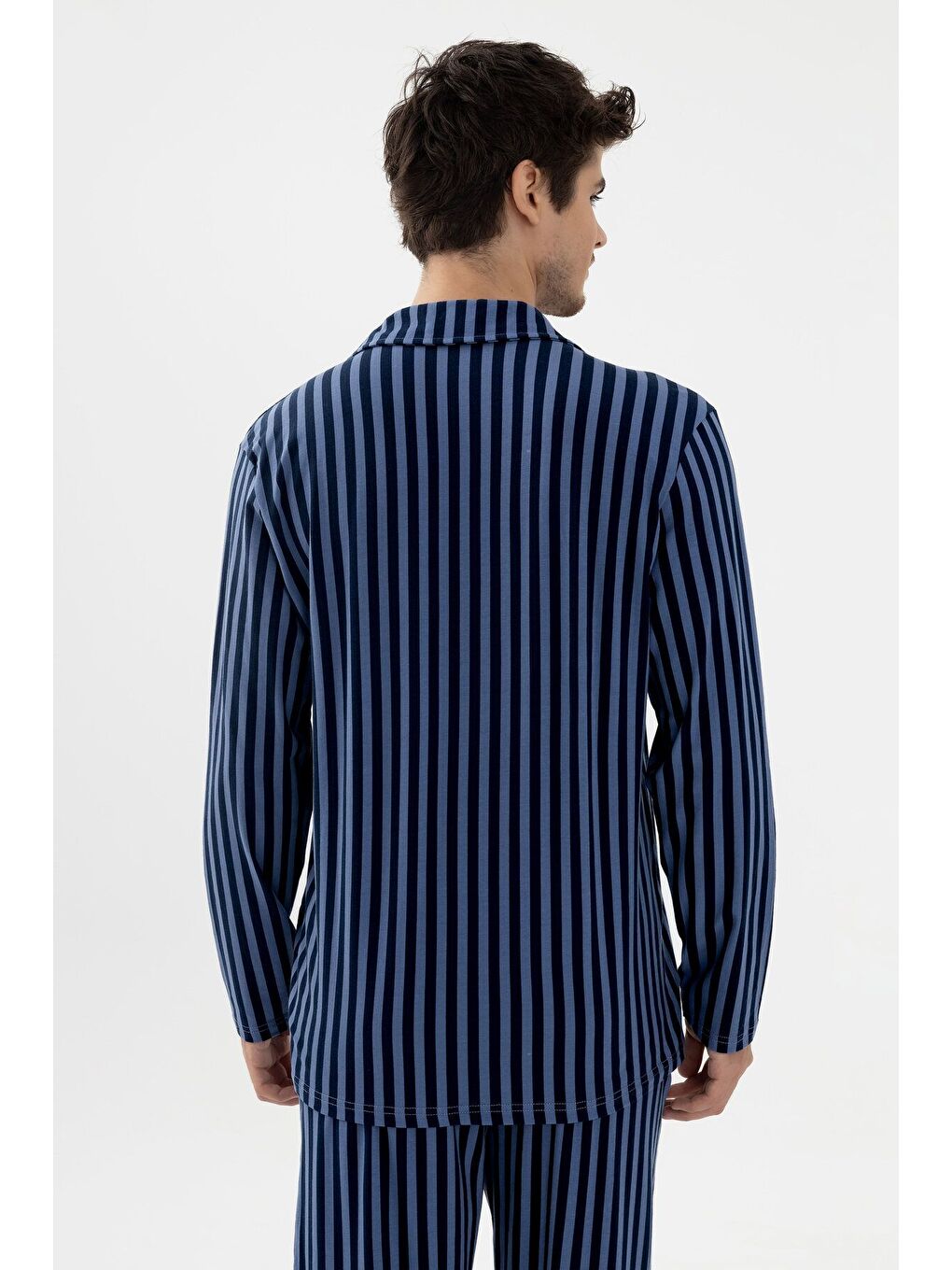 Erkek Mavi Çizgili Pamuklu Kombinli Gömlek Yaka Pijama Takımı-3