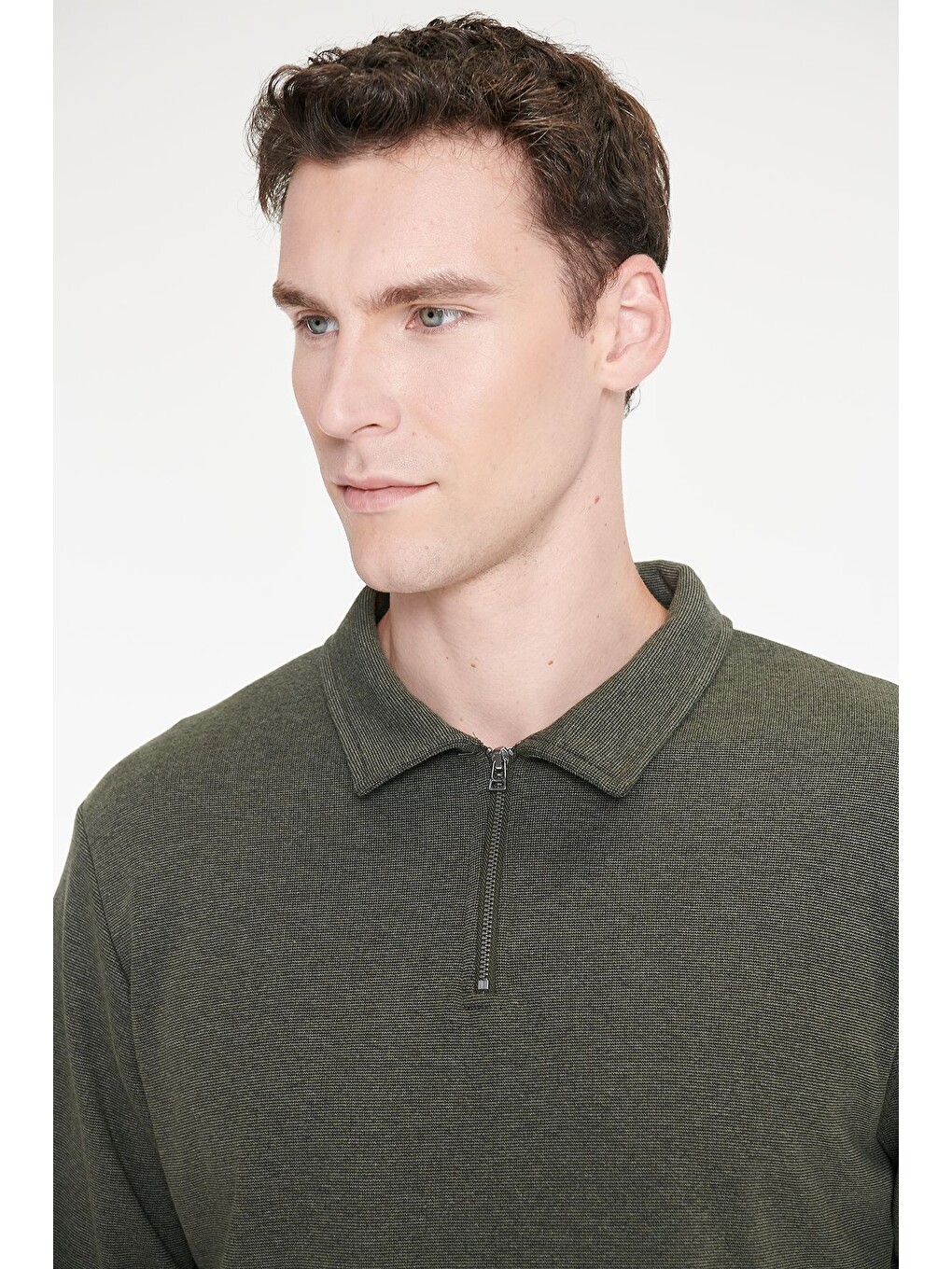 Erkek Haki Pamuklu Standart Fit Normal Kesim Polo Yaka Sweatshirt-3