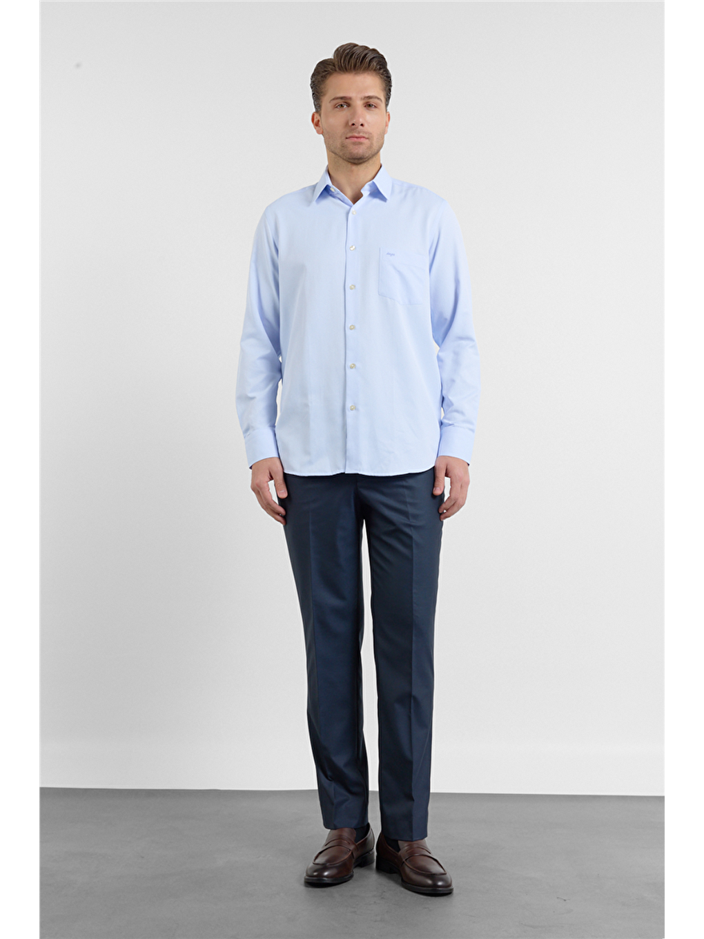 Mavi Kendinden Desenli Sert Yaka Uzun Kol Cepli Comfort Fit Pamuklu Gömlek 1004255269-1