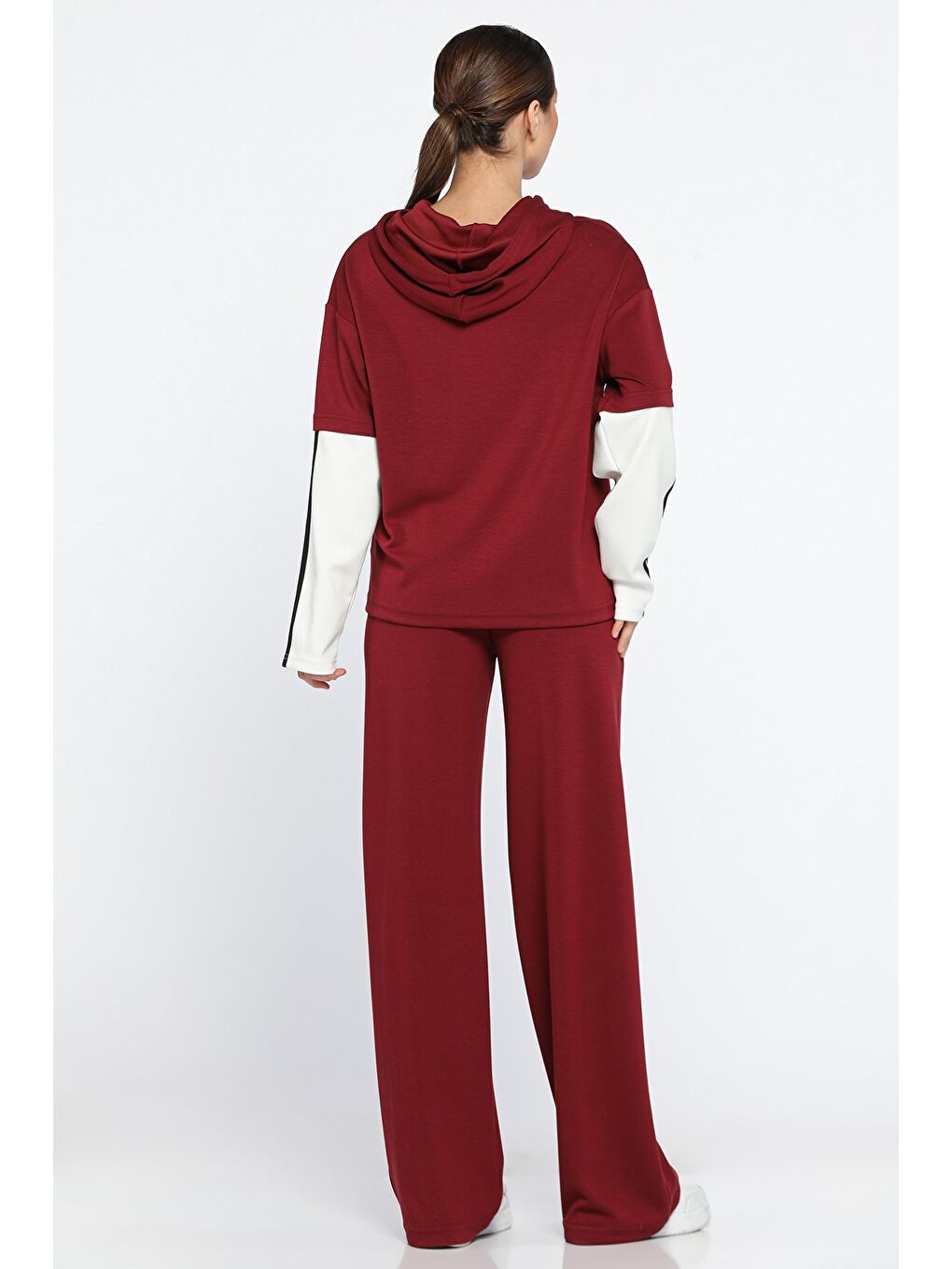 Bordo Kadın Kapüşonlu Renk Garnili Eşofman Takımı-3