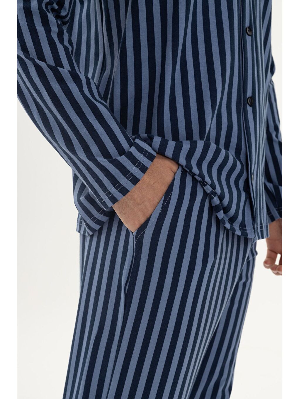 Erkek Mavi Çizgili Pamuklu Kombinli Gömlek Yaka Pijama Takımı-4