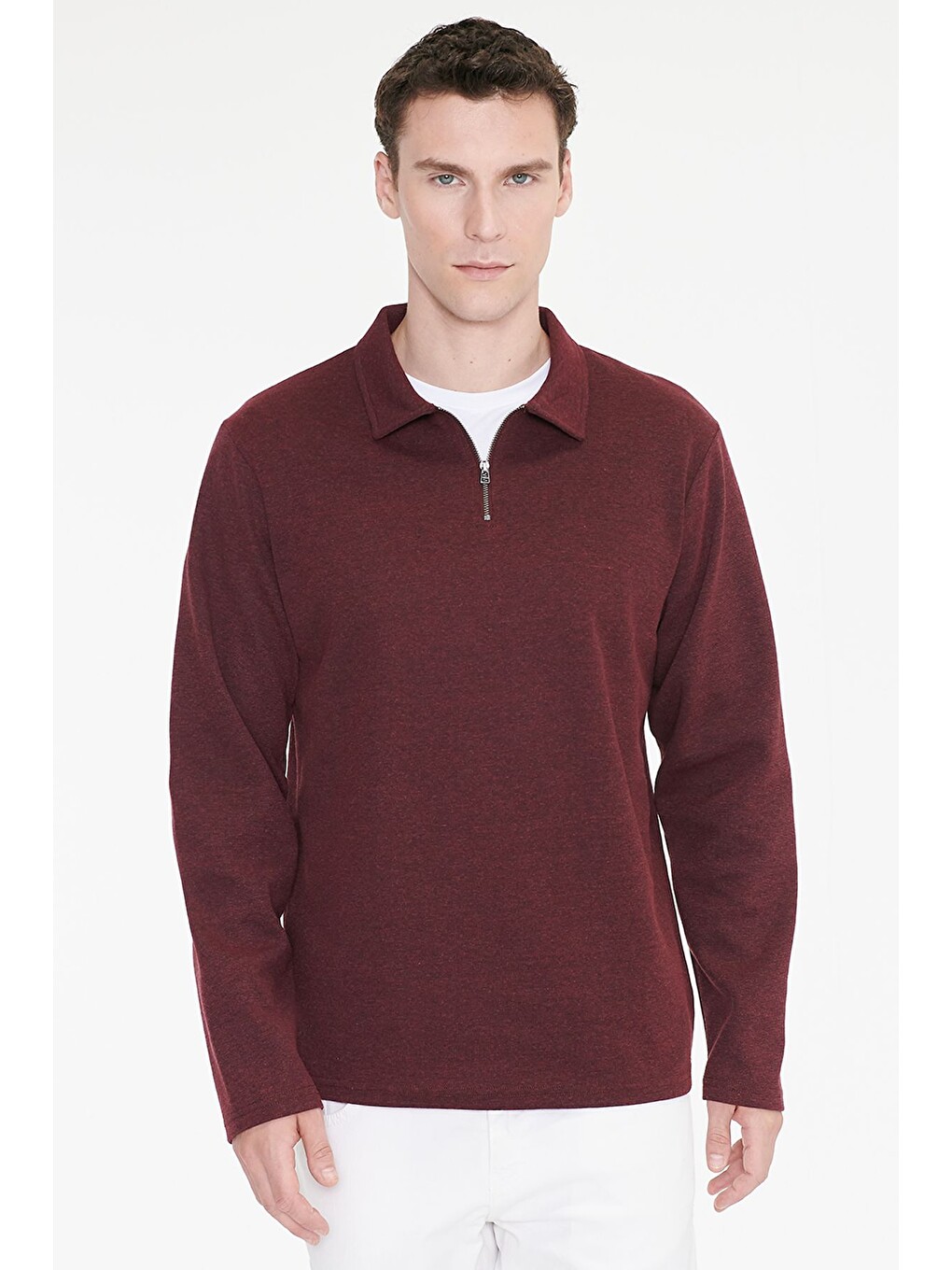 Erkek Bordo Pamuklu Standart Fit Normal Kesim Polo Yaka Sweatshirt
