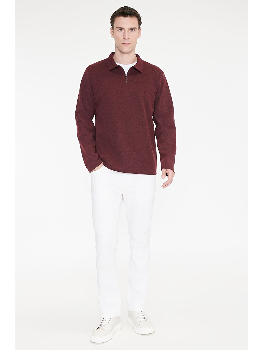 Erkek Bordo Pamuklu Standart Fit Normal Kesim Polo Yaka Sweatshirt-1