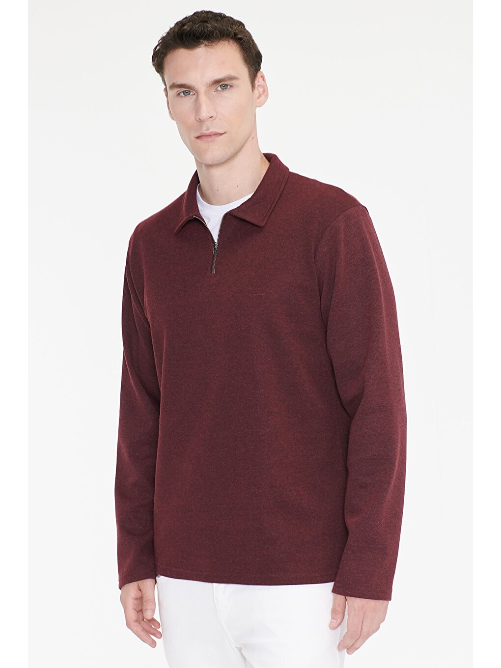 Erkek Bordo Pamuklu Standart Fit Normal Kesim Polo Yaka Sweatshirt-2