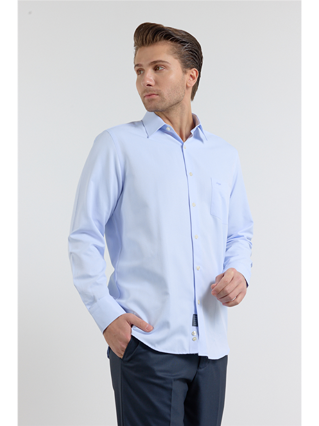 Mavi Kendinden Desenli Sert Yaka Uzun Kol Cepli Comfort Fit Pamuklu Gömlek 1004255269-2